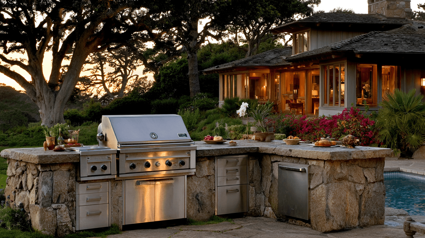 A stone outdoor kitchen at twilight — a stainless built-in grill, food on the counter, a warmly lit South Bay home in the background.