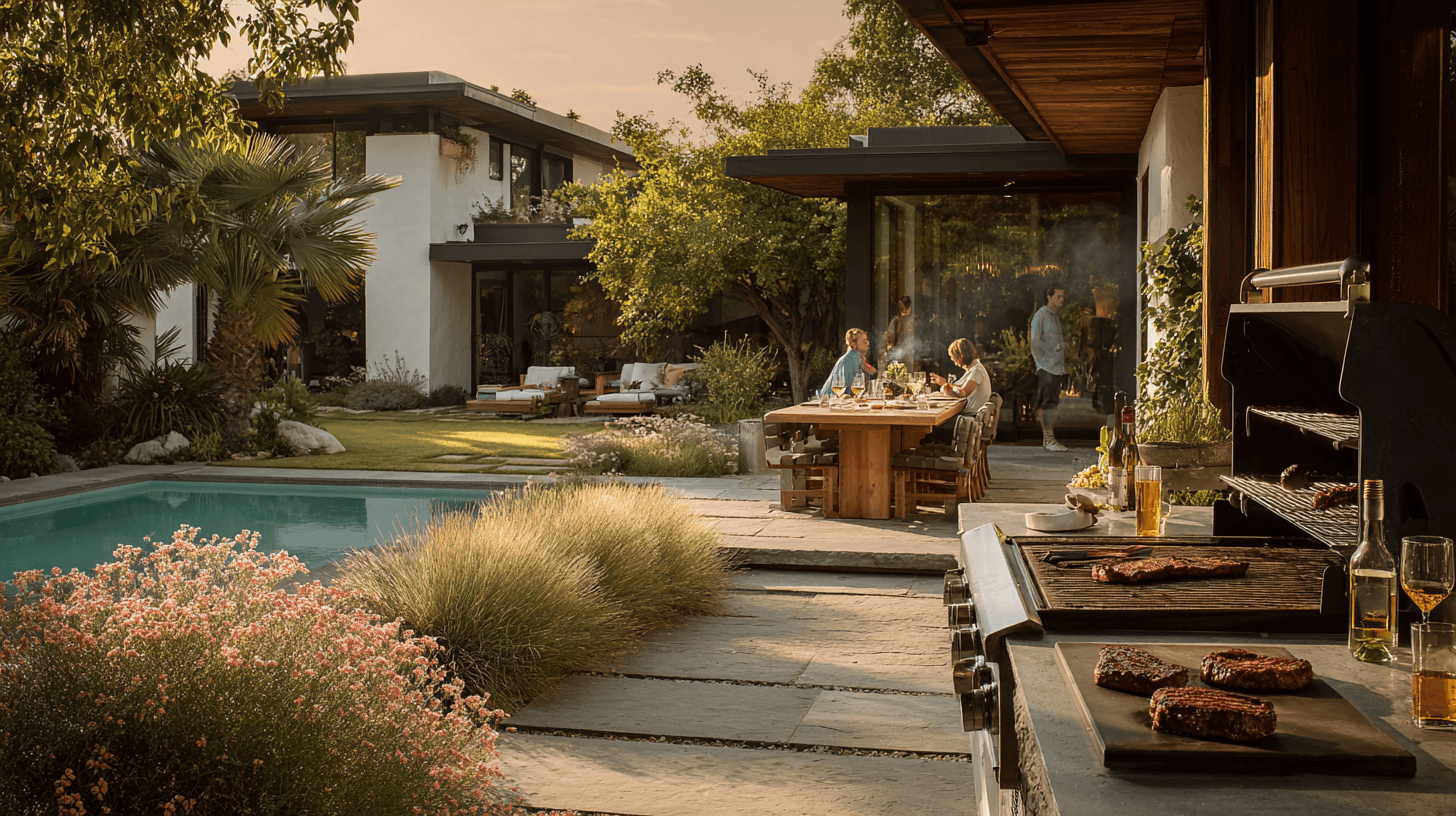 A South Bay backyard at golden hour — a couple at an outdoor dining table, a built-in grill with steaks cooking, a modern home and pool in the background.