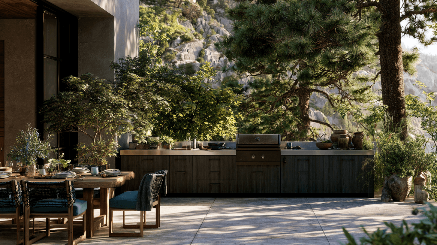 A long built-in outdoor kitchen with a stainless gas grill in dark wood cabinetry beside a set outdoor dining table on a stone patio, framed by lush trees and a rocky hillside in warm daylight.