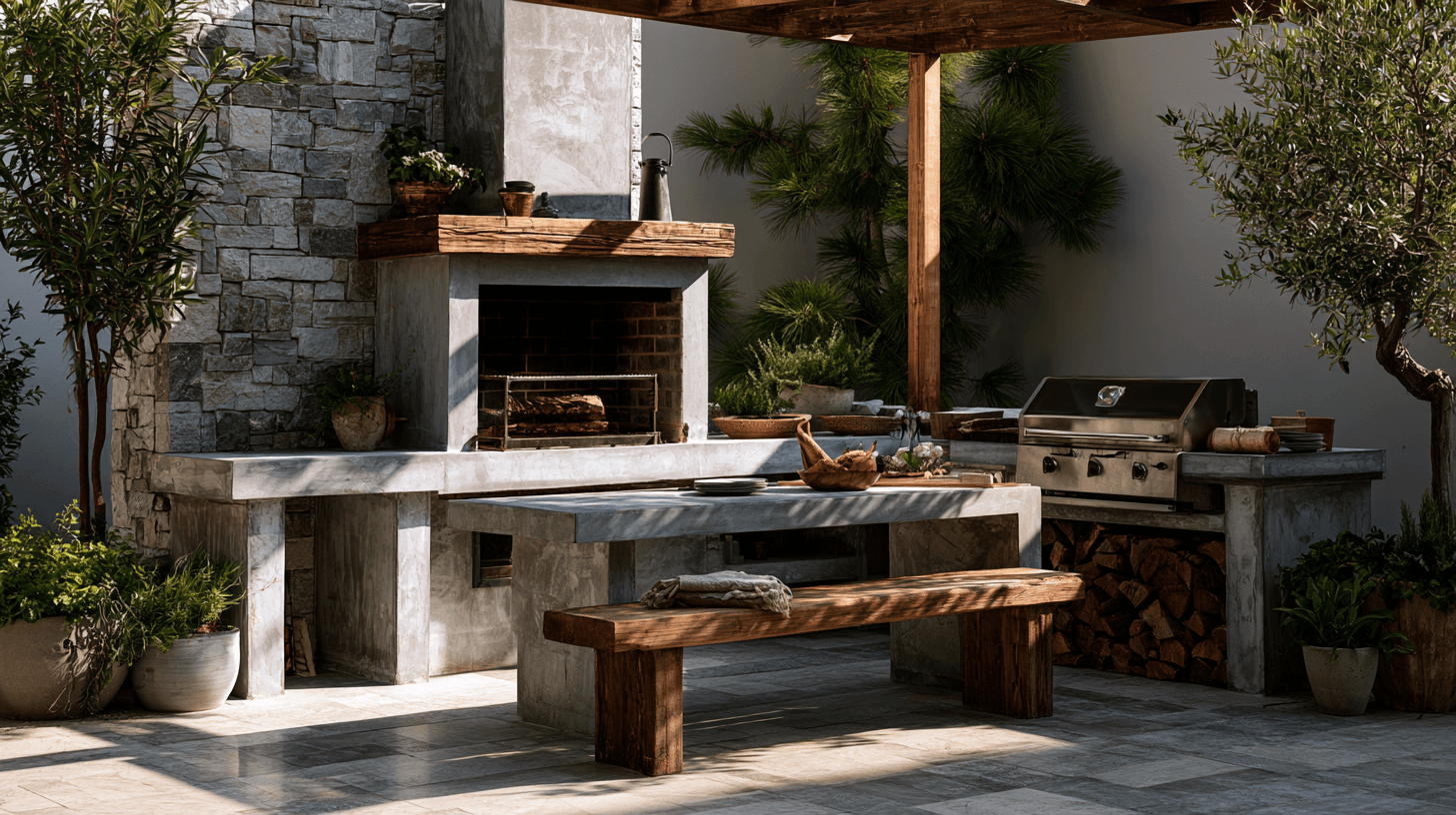 A high-end South Bay outdoor kitchen — a stone wood-fired oven and built-in stainless grill flanking a concrete dining table with a rustic bench, under a wood pergola framed by olive trees and stacked firewood.
