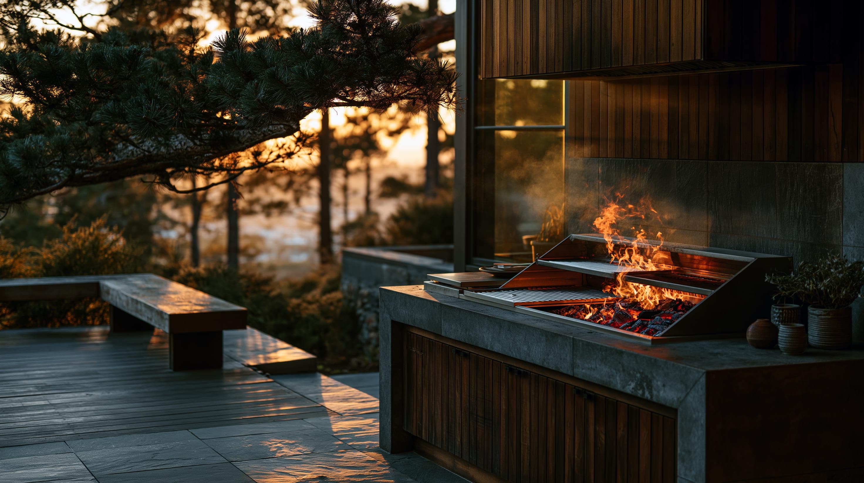 Flames rising over glowing charcoal in an outdoor grill