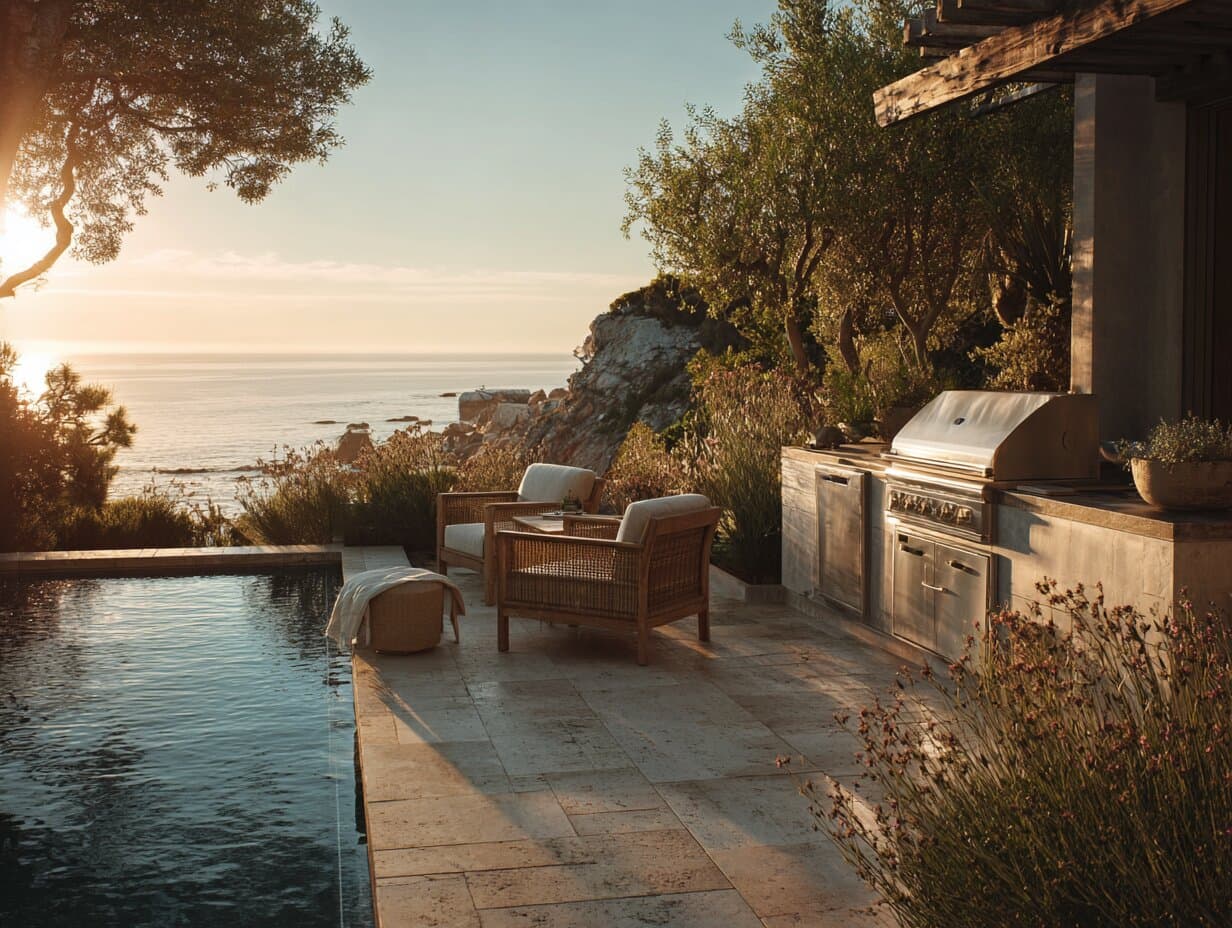 GrillValet Reserve-tier member — poolside outdoor kitchen at a South Bay home, golden hour.
