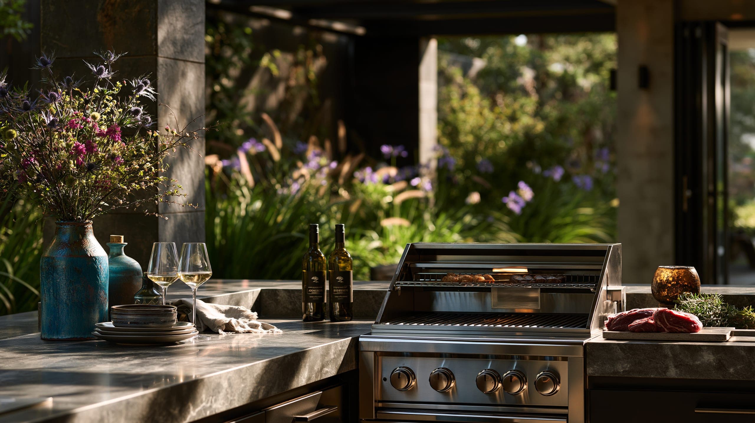 A stainless built-in grill in a lush garden outdoor kitchen at golden hour, set with wine and cut flowers