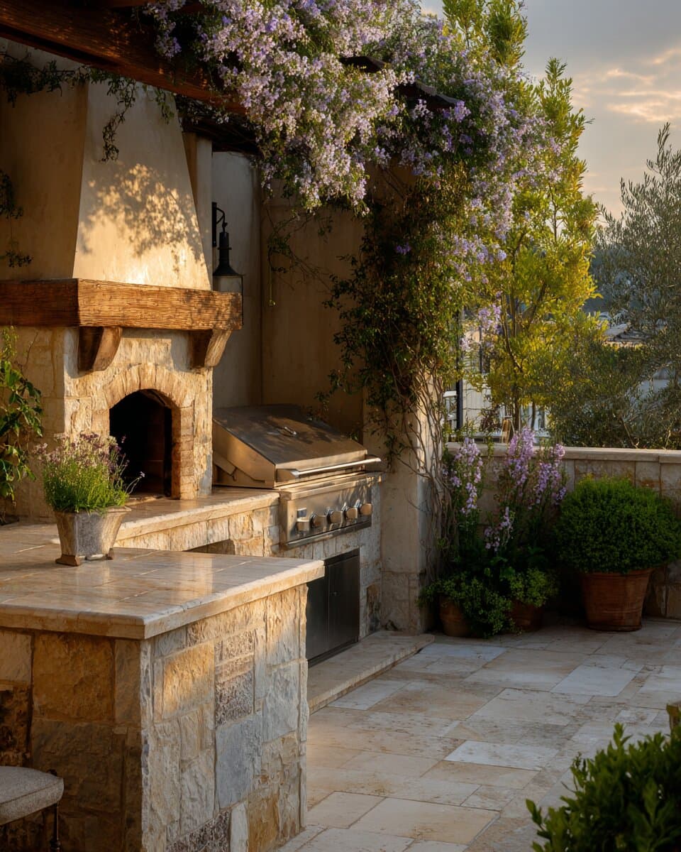 Luxury stone-clad outdoor kitchen with a built-in grill and natural materials, warm afternoon light