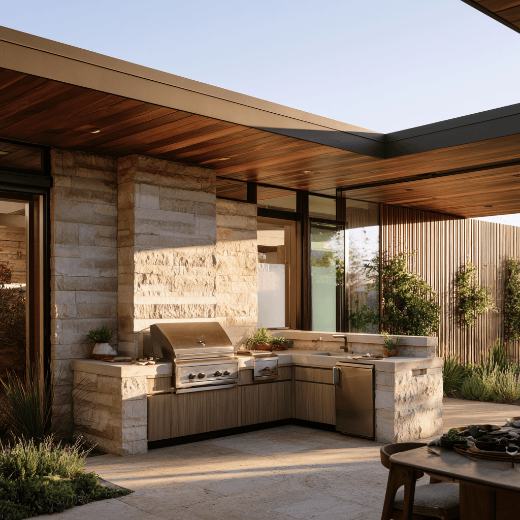 GrillValet Essential-tier member — backyard built-in grill under a wood pergola at a modern South Bay home.